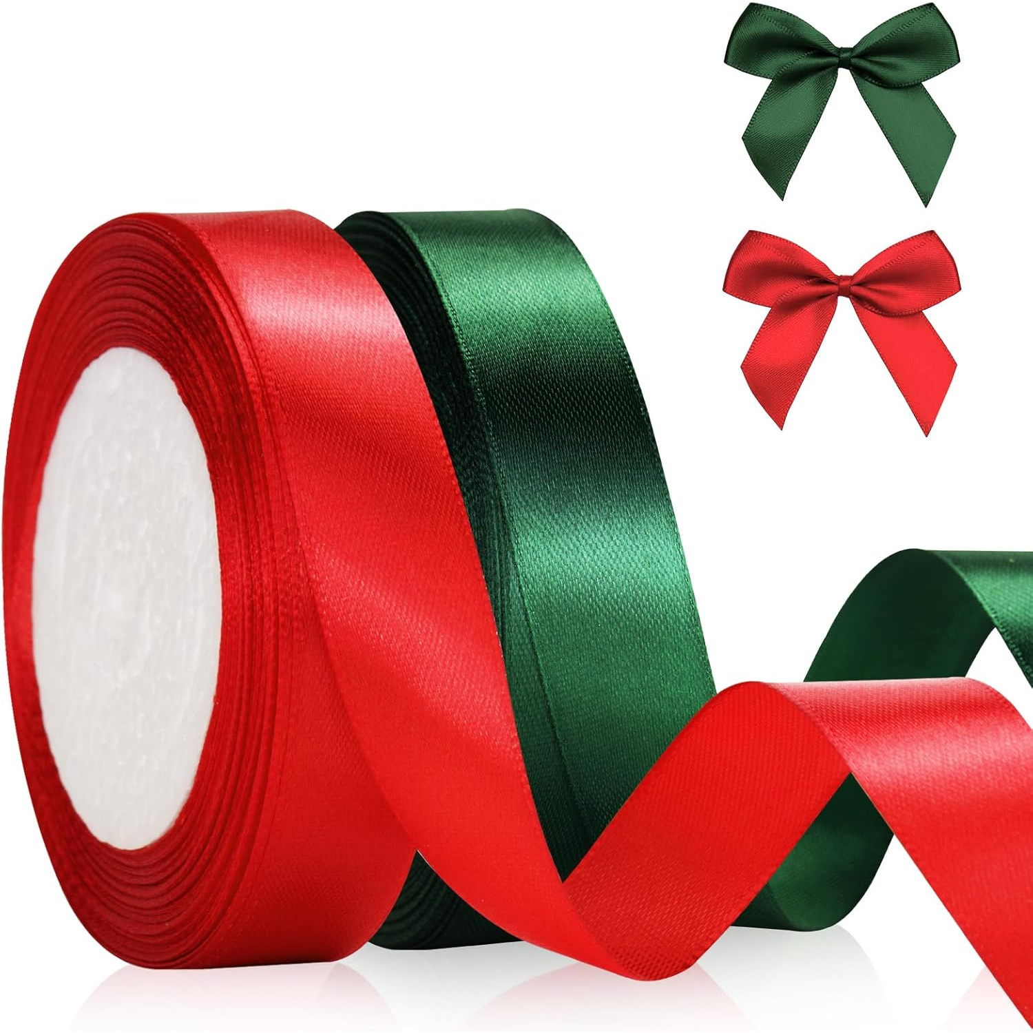 Image of 2 Rolls (25 Yards Per Roll) Green Christmas Ribbon - 20mm Wide Glossy Sheer Polyester Gift Wrapping Ribbon For Christmas Tree Decorating, Holiday Crafting - Vibrant Colors For Year After Year Use
