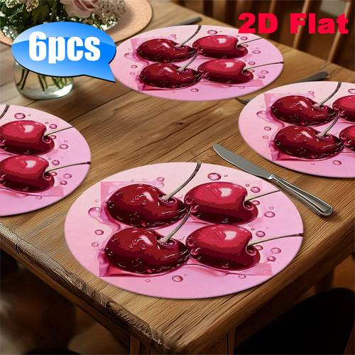 photo de l'article Lot de 6 sets de table ronds 2D imprimés cerises rouges dégoulinantes, décoration en pour vaisselle, table basse, fournitures de cuisine, décoration de fête, lavables en machine