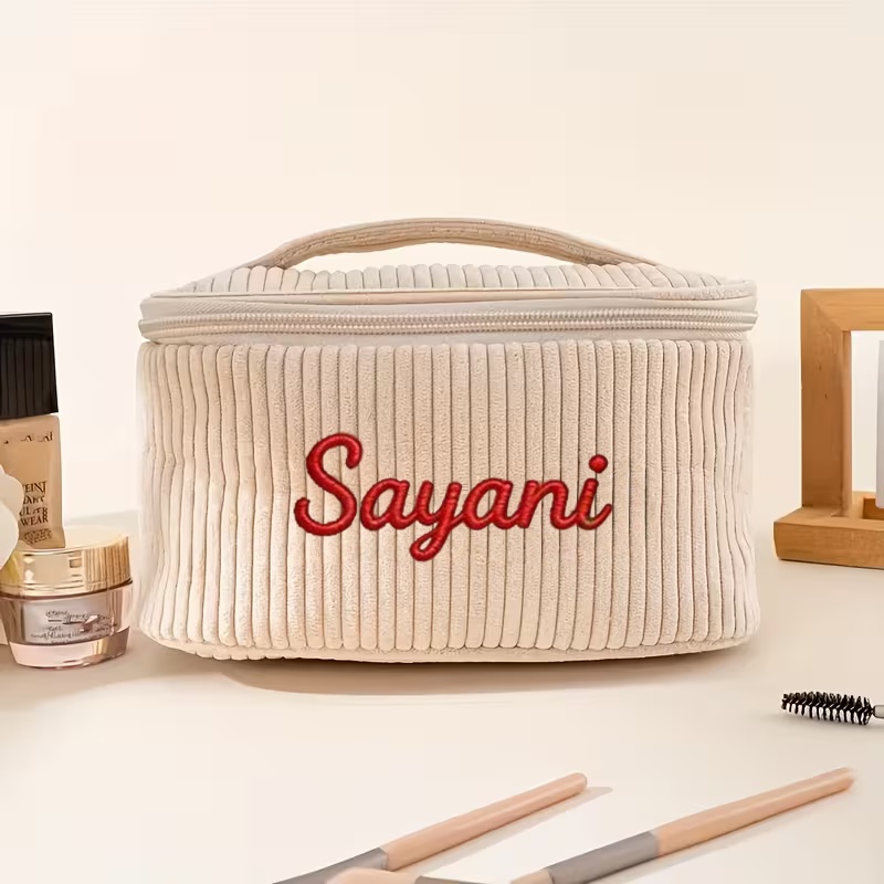 TEMU Custom Embroidered 1pc Personalized Name Embroidery Makeup Bag - Handbag Clutch Large Capacity Portable Travel Cosmetic Organizer With Zipper