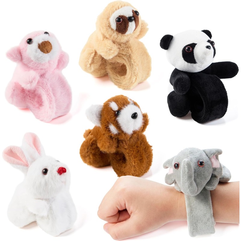 TEMU Kids Animal Plush Slap Bracelets 6pcs Set - Cute Stuffed Animal Happy Wristbands, Ideal Party Supplies, Classroom Prizes, Birthday Gifts, And