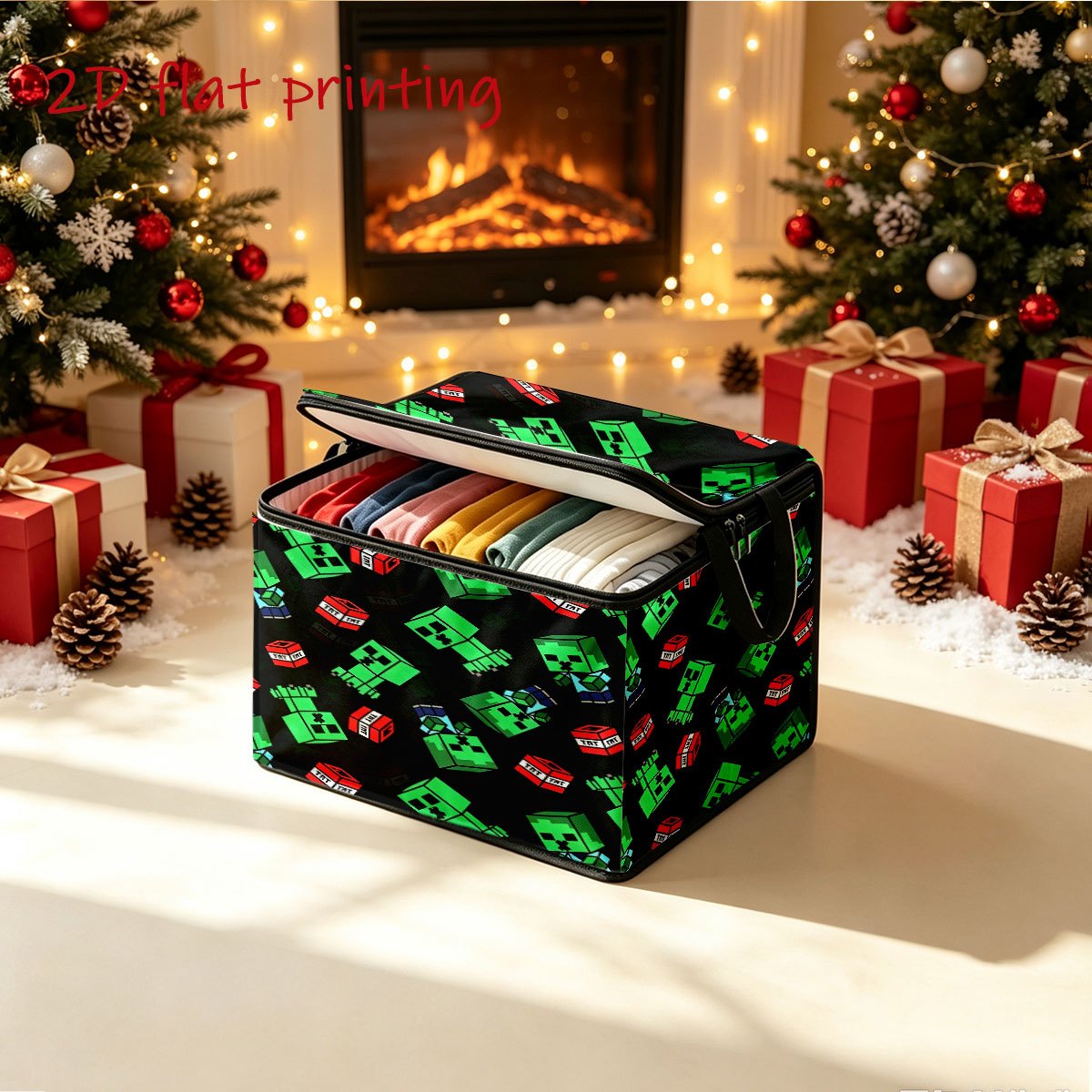 TEMU 1pc Pixel Monster Theme Storage Box, Green Pixel Monster With Red Tnt Block Full Print Pattern, Black Background Contrast Game Scheme, With
