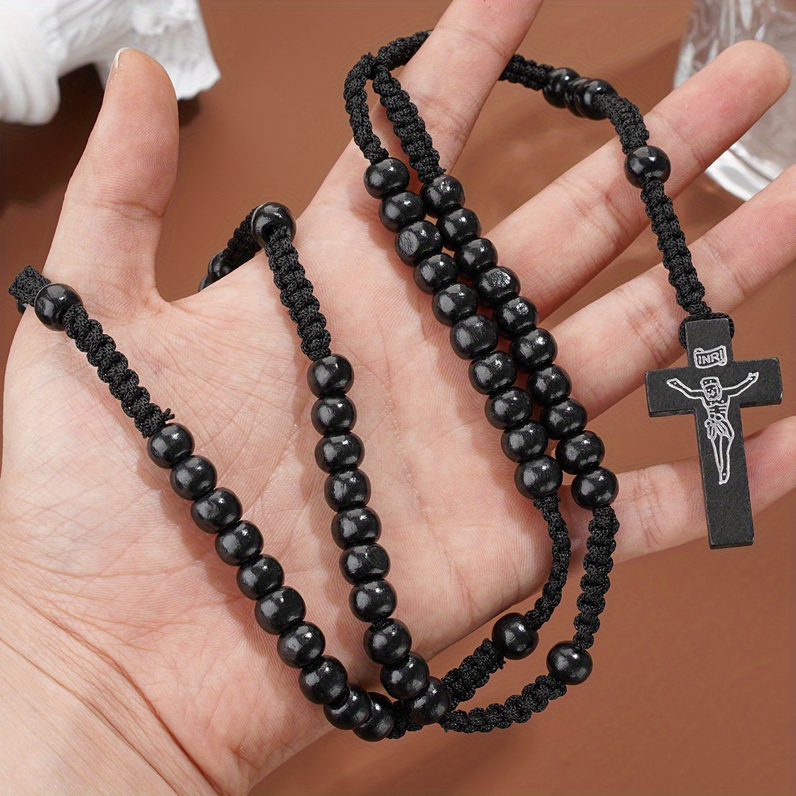 10mm Wooden Bead Prayer Rosary with Jesus Cross Pendant