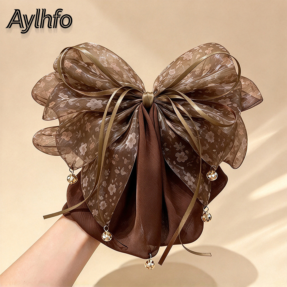 TEMU Aylhfo 1pc Vintage Sheer Organza Flower Bow Hair Clip, Pendant Tassel Long Ribbon Bow Shark Claw Clip, Aesthetic Hair Grip For Women, Romantic