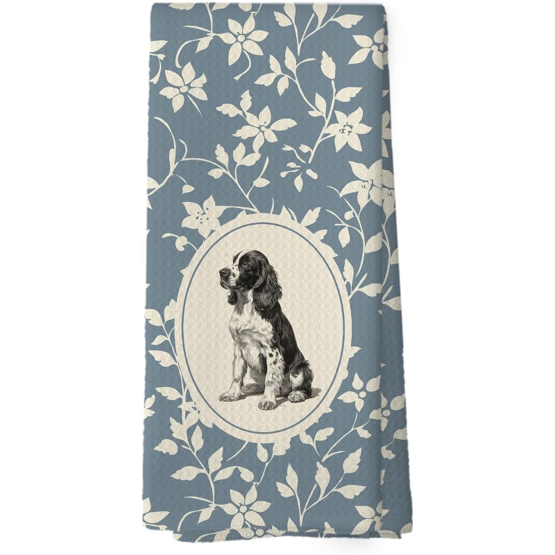 TEMU 1pc 18 X 26 Inches Blue Floral Spaniel Dog Kitchen Dish Towels, Gifts For Love Spaniels, Mom Gifts For Dog Enthusiasts, Vintage Flower