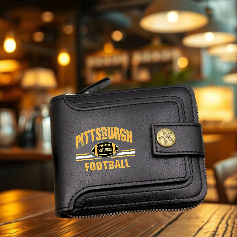 TEMU Pittsburgh Logo Men's Wallet - Officially Licensed Pu Zipper Wallet With Coin Pocket & Card Slots, Golden & Black , Iconic Logo Design - Fans