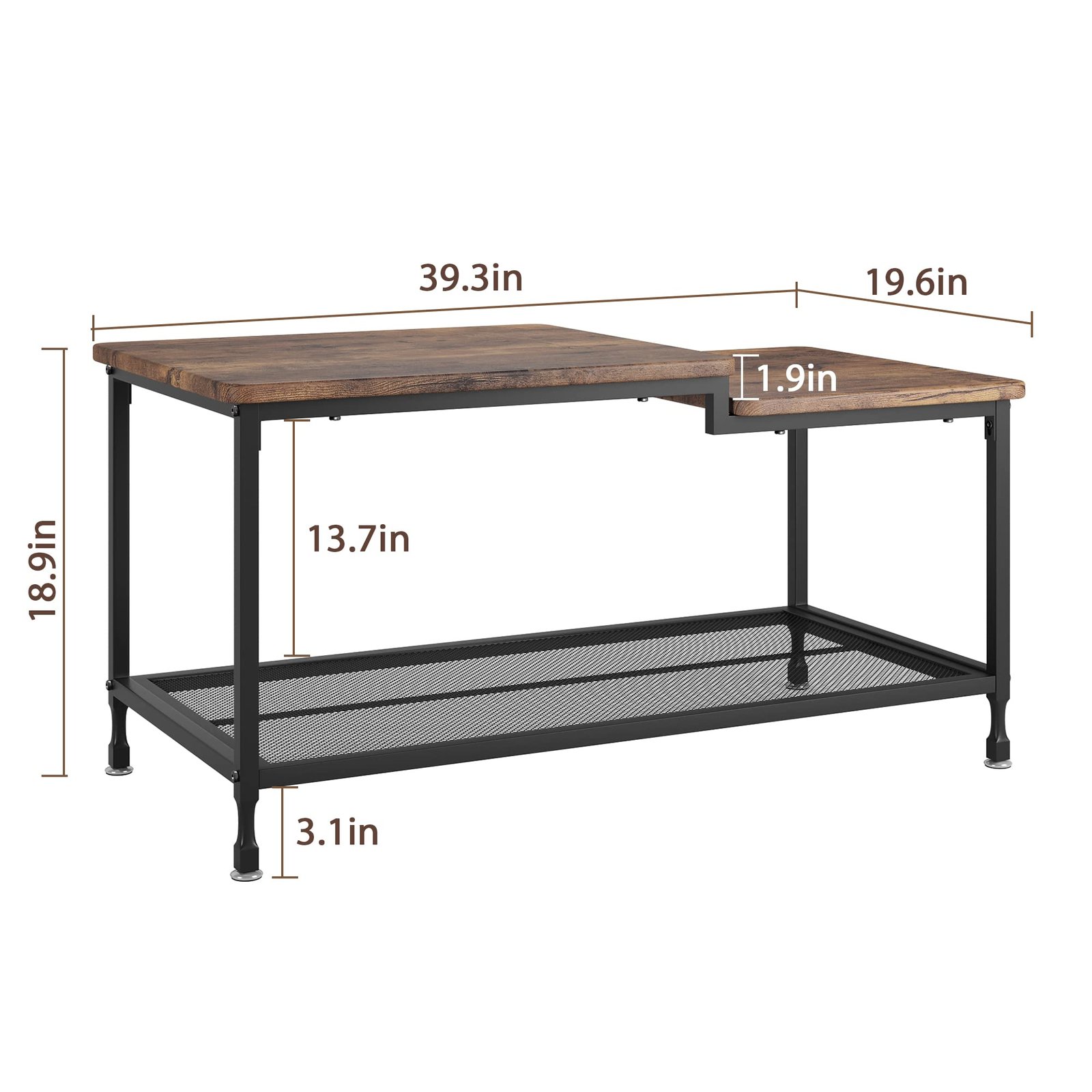 2-tier Industrial Coffee Table For Living Room Rustic Brown Rectangular Center Table With Sturdy Metal Frame Mesh Storage Shelf - Space-, Easy Assembly, Vintage Style