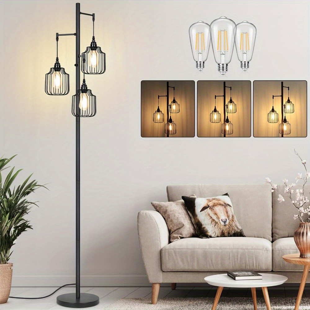 Modern Industrial Black Corner Floor Lamp with 3 x 800LM LED Edison Bulbs – Dimmable Rustic Vintage Tree Pole Light for Living Room, Bedroom, or Office, Farmhouse Style, 120V, Lamps for Living Room