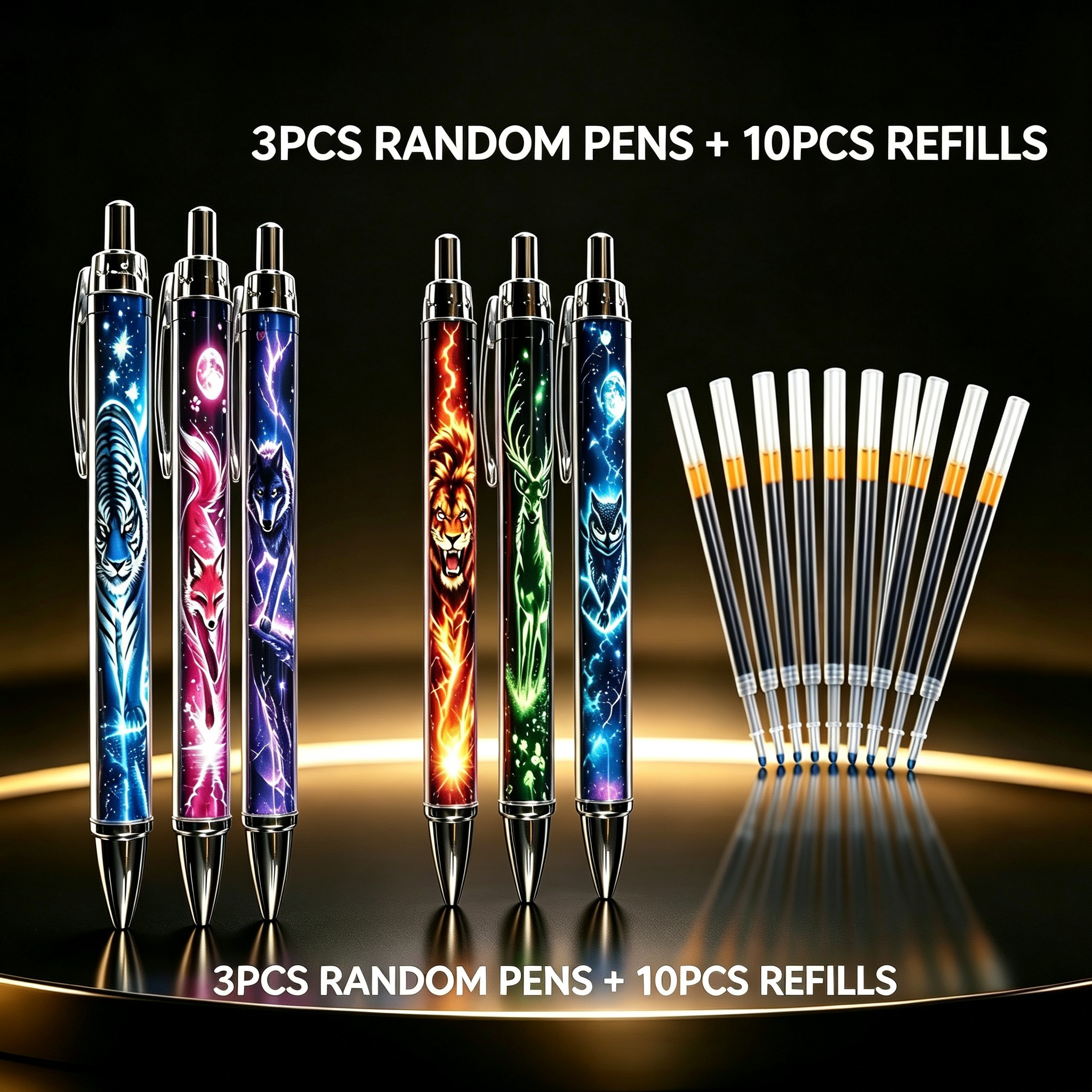 TEMU 13pcs Neon Starry Sky Lightning Click Pens (3pcs Random Pens And 10pcs Refills), Cool Tiger, Black Wolf, Lion, , Reindeer, Owl Printed Patterns,