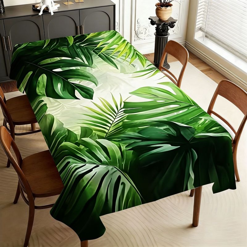 TEMU Tablecloth 1pc 2d Tablecloth Pad With A Dark Green Background And Tropical Monstera Leaf Pattern, Polyester Fiber, Easy To Clean, Beautiful And
