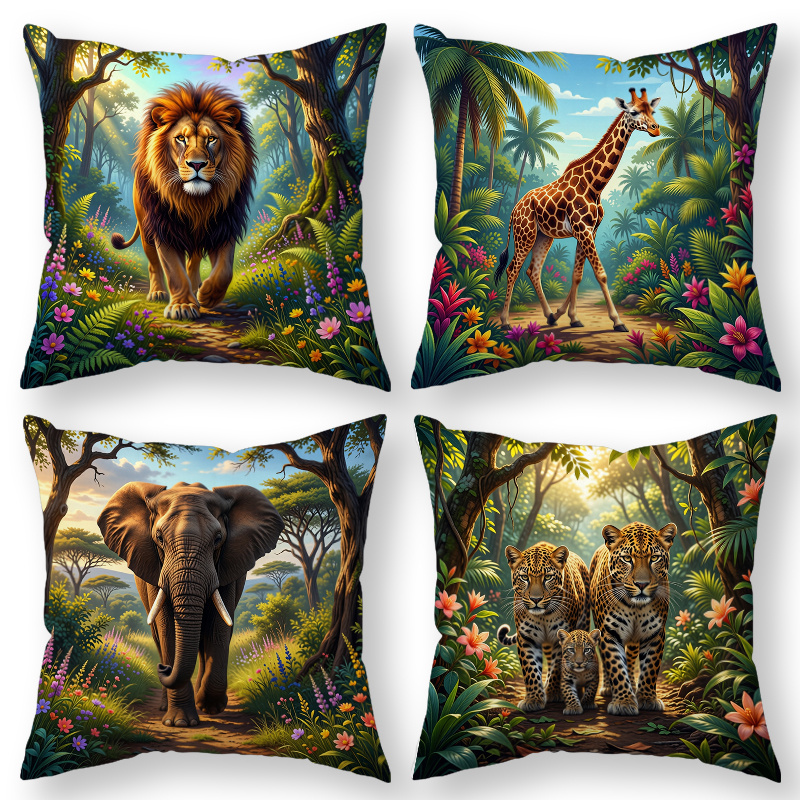 TEMU 4pcs -style Throw Pillow Covers, Decorative Cushion Cases, Wild Animals In Jungle With Foliage, Tone. Versatile Pillow Shams For Sofa, Couch,