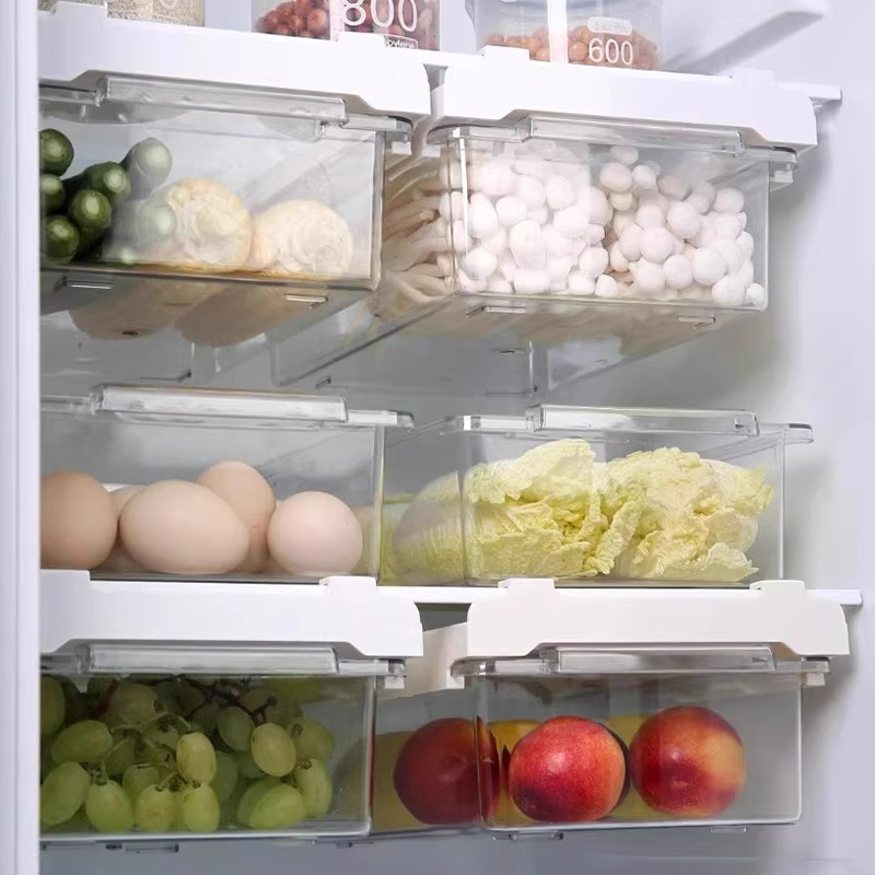 1pc Refrigerator Drawer Organizer Egg Rack, Refrigerator Drawer Storage Box Hanging Basket, Kitchen Fresh-keeping Freezer Shelf Holding Artifact, Suitable for Pull-out Refrigerator Drawer, Transparent Fruit and Vegetable Storage Box