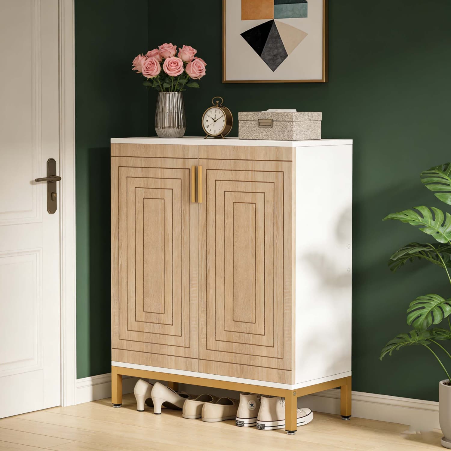 Shoe Cabinet With Doors, 20 Pairs Shoe Storage Cabinet With Shelves, 5 Tier Free Standing Shoe Rack, Storage Organizer For Closet Living Room And Bedroom, White And Natural