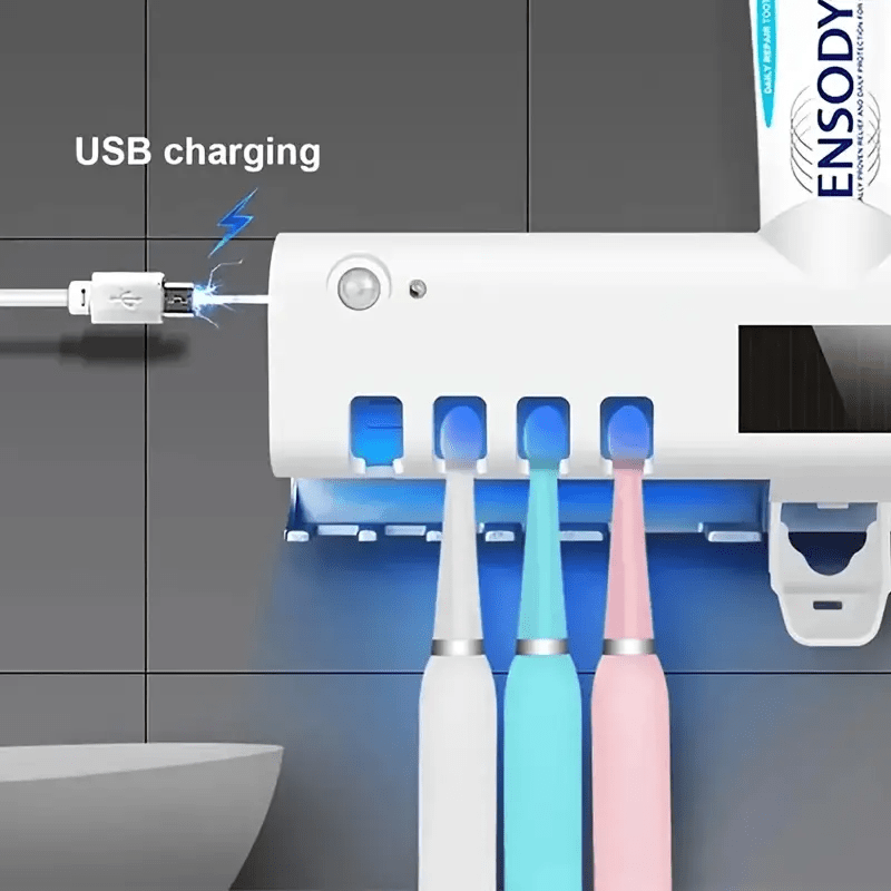 Portacepillos de dientes con botón, dispensador de pasta de dientes, exprimidor de pasta de dientes, carga USB, dispensador de pasta de dientes inteligente automático de pared para baño, portacepillos de dientes de pared, estuche de almacenamiento para cepillos de dientes tres en uno, capacidad para