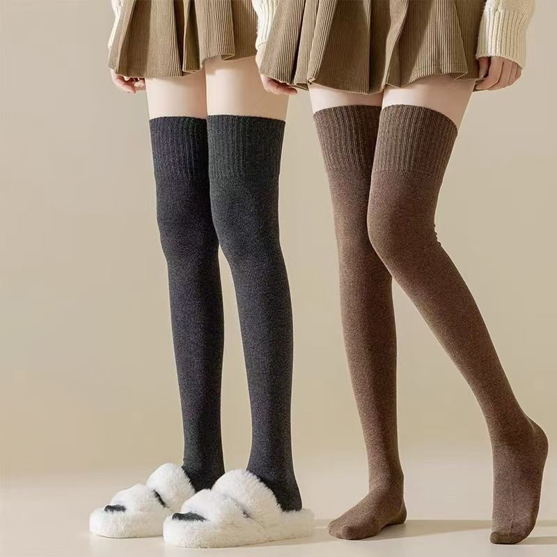 TEMU Black And Brown Over-the-knee Socks Women's Long Tube Socks Autumn Winter Thick Thigh-high Socks Thick Terry Long Socks