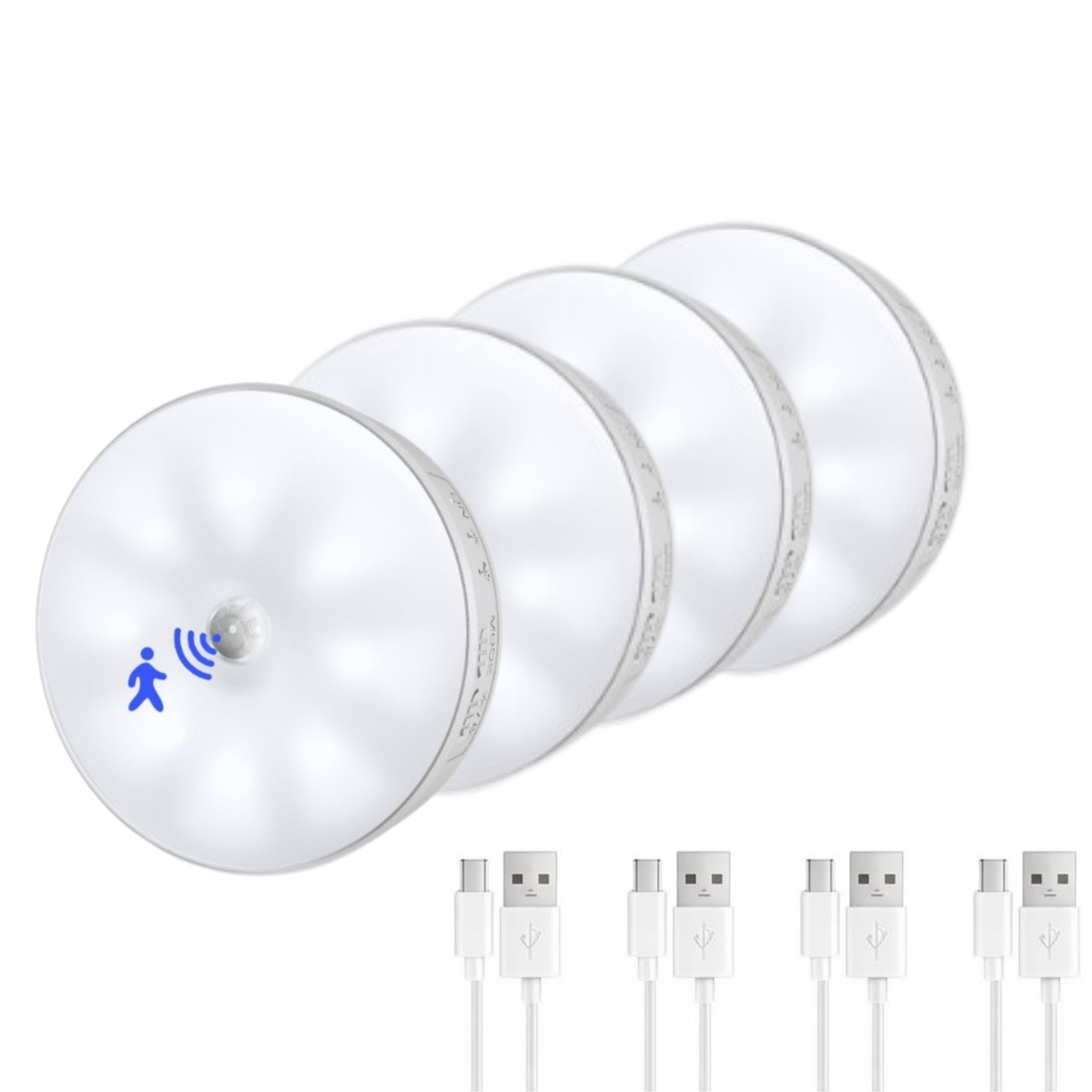 E-shop 8/4er-Pack wiederaufladbare Schrankleuchten mit Bewegungssensoren, 1200mAh/8er-Pack, 600mAh/4er-Pack. Rundes, magnetisches Dimmungsdesign für