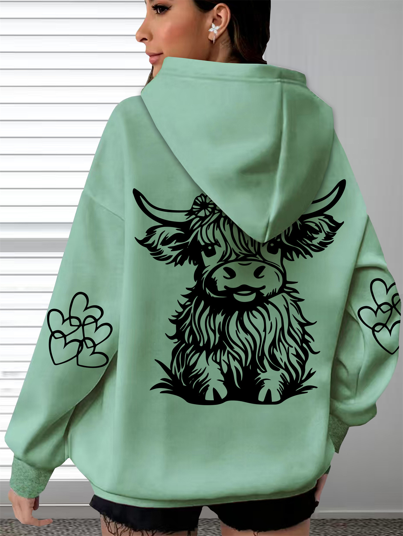womens oversized cozy hoodie with highland cow print paw   soft long sleeve pullover brown polyester casual wear for everyday   details 5