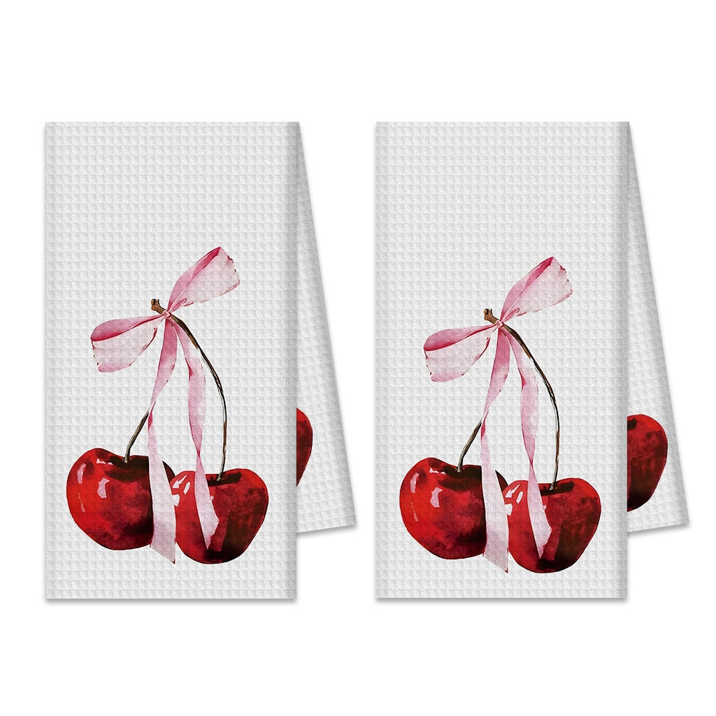 

2-pack Cherry Bow Wall Art Kitchen Towels, Contemporary Polyester Rectangular Dish Cloths, Woven Letter Pattern, Machine Washable, 18x26 Inches, For Valentine's, Easter, Day Gifts