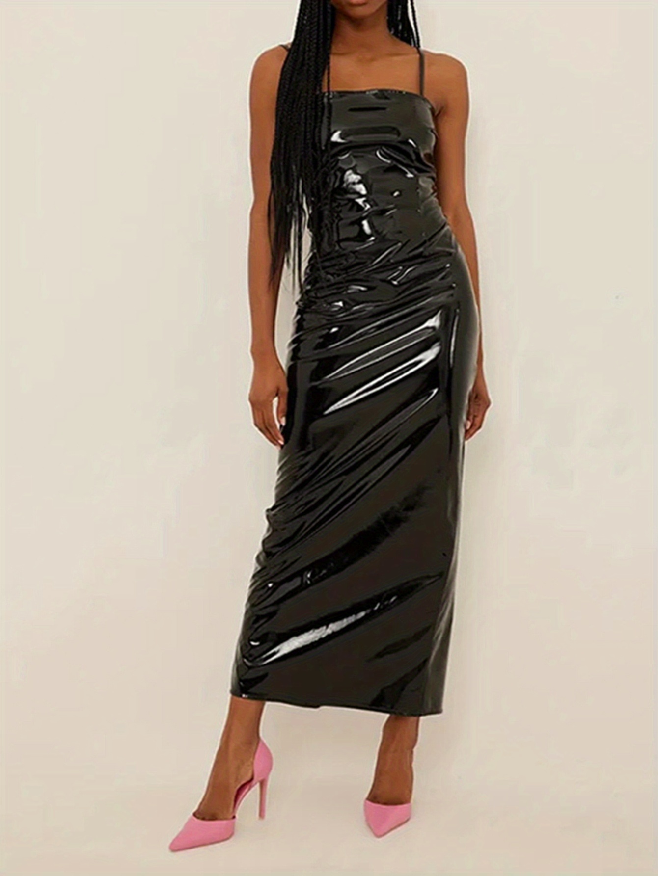 strap pu party dress plus size patent pu leather strap long dress women