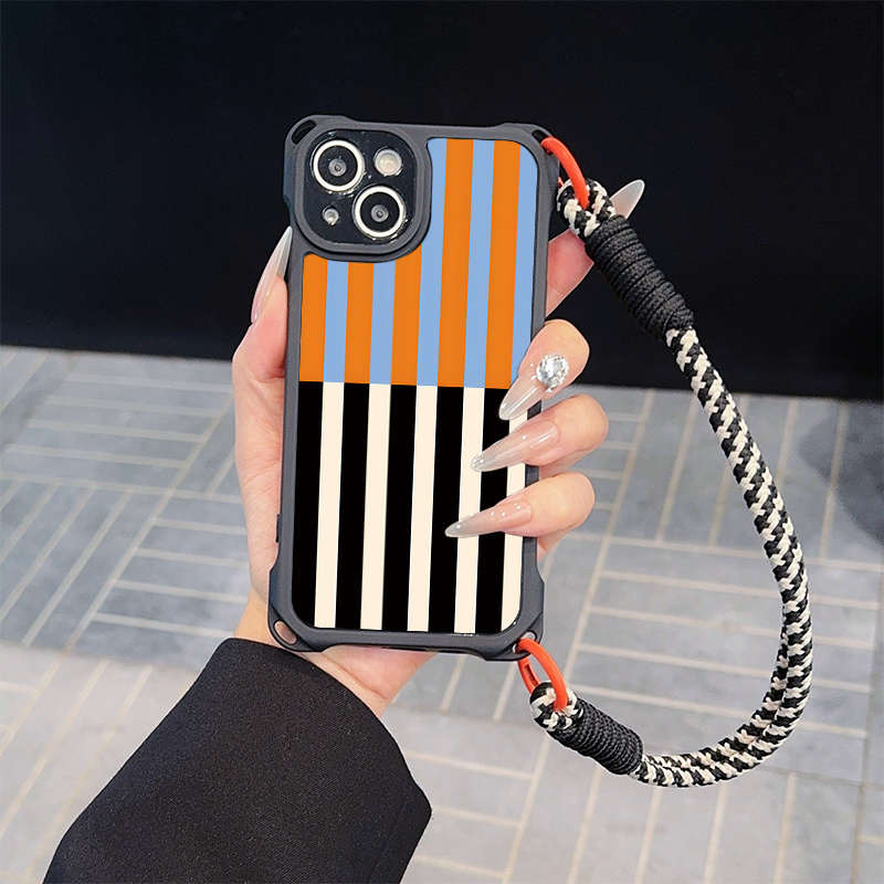 TEMU Phone Case: Orange And Black Beige Stripes Chic Fashion Phone Case With Phone Strap, 4 Colors, Easy To Carry Lanyard, All-inclusive Shockproof