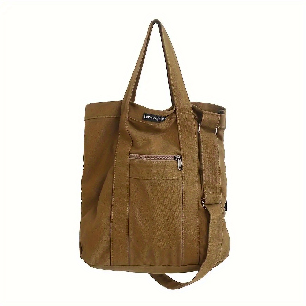 TEMU Vintage Canvas Unisex Shoulder Bag With Adjustable Str5pcsap, Large Capacity Casual Commuter Tote Bag, Solid Color Unisex