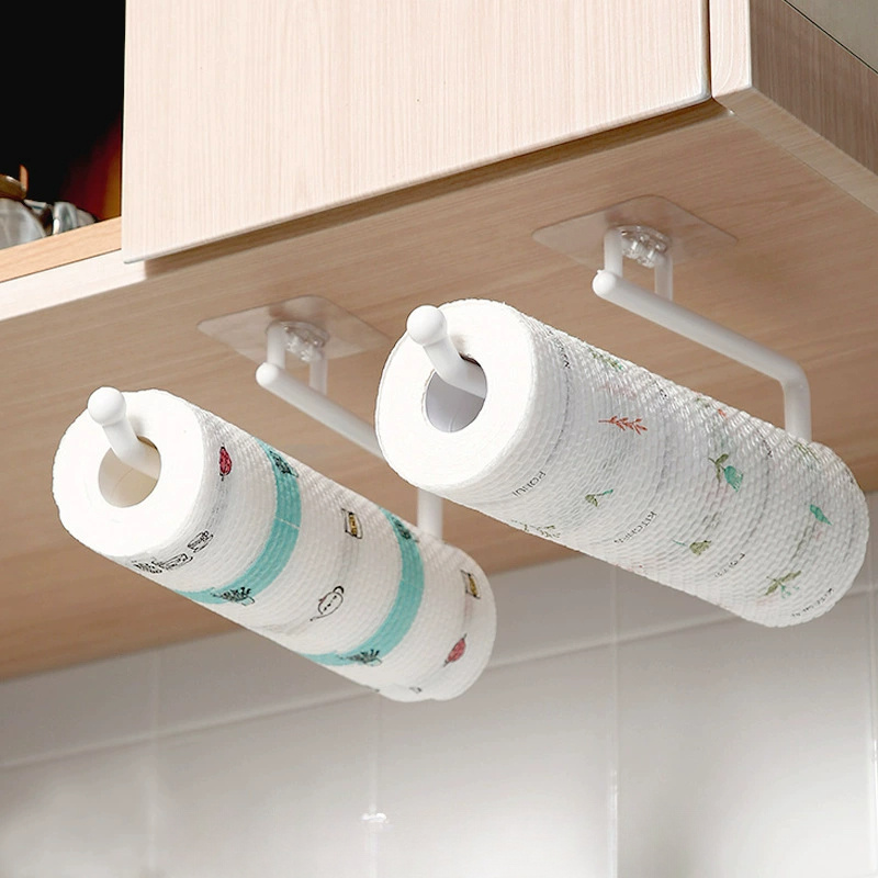 Image of 2pcs No-drill Kitchen Paper Towel Holder, Toilet Paper Holder, Roll Holder Hook, Plastic Film Storage Rack, Cloth Storage Rack, Wall-mounted Towel Rack, Bathroom Accessory - Colors