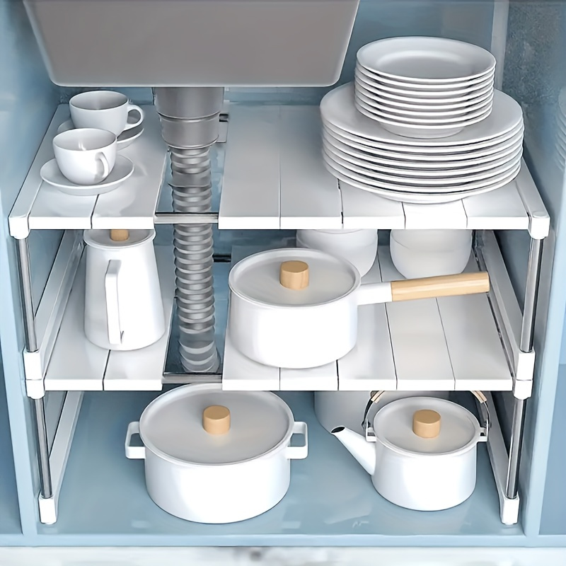 

Adjustable Double-layer Storage Rack, Stainless Steel And Plastic Material, Kitchen And Bathroom Cabinet Rack, Space-saving Storage Rack, Pull-out Rack, , Suitable For Home And Kitchen, Storage Rack