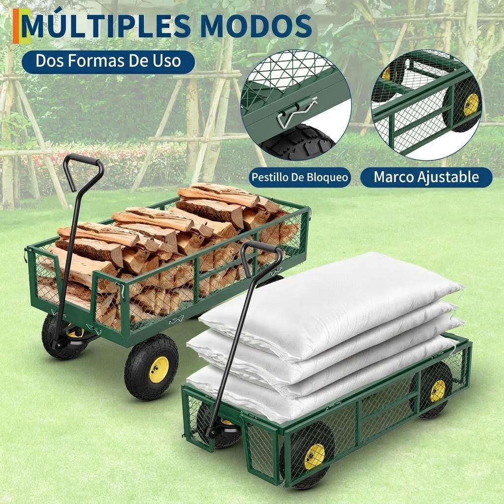 Image of Steel Utility Wagon 900lb Capacity, 10" Air Tires Convertible Mesh Garden Cart With Telescoping Handle, Green/ Black For Lawn & Farm