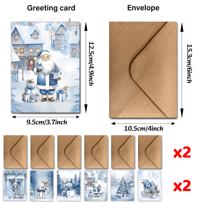 Image of Set Of 24 Festive Christmas Thank You Cards With Envelopes, Perfect For Holiday Gatherings In Winter. Features Including Blue Santa, Snowman, Nutcracker, Elk, And Christmas Tree. A New Year 2025!