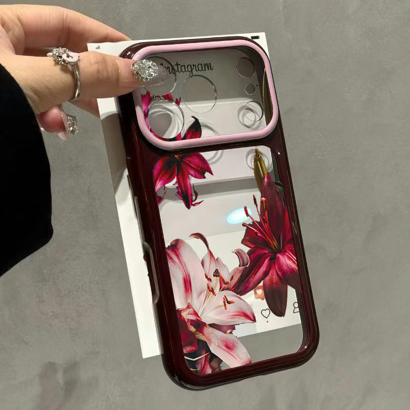 TEMU Phone Case - Lily Flower Bud Petal Bloom Burgundy Wine Red Large Window Phone Case For Iphone 18 17 Pro 17 18 Pro Max Advanced Glossy Border