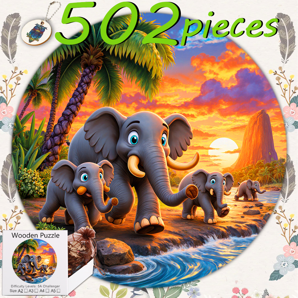 item picture 502pcs elephant at sunset round wooden   puzzle beautifully designed and detailed   14 ideal gift for thanksgiving halloween and christmas suitable as birthday gift hell difficulty