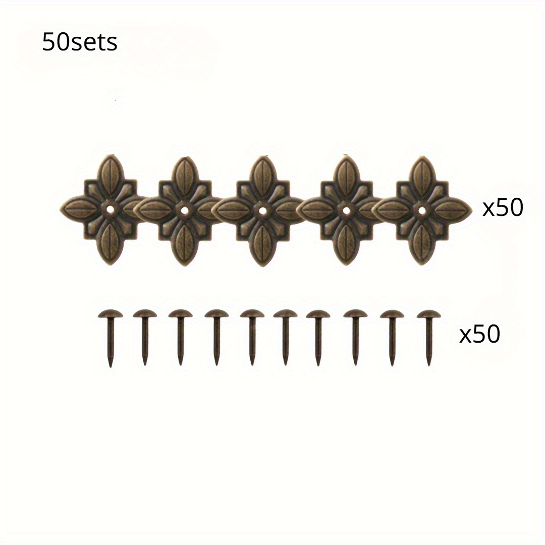 Image of 50sets Quadrilateral Iron Sheet Flower Patch With Decorative Nails Set, Wooden Pieces, Retro Interior Decoration Sofa Furniture Door Diy Decorative Nails