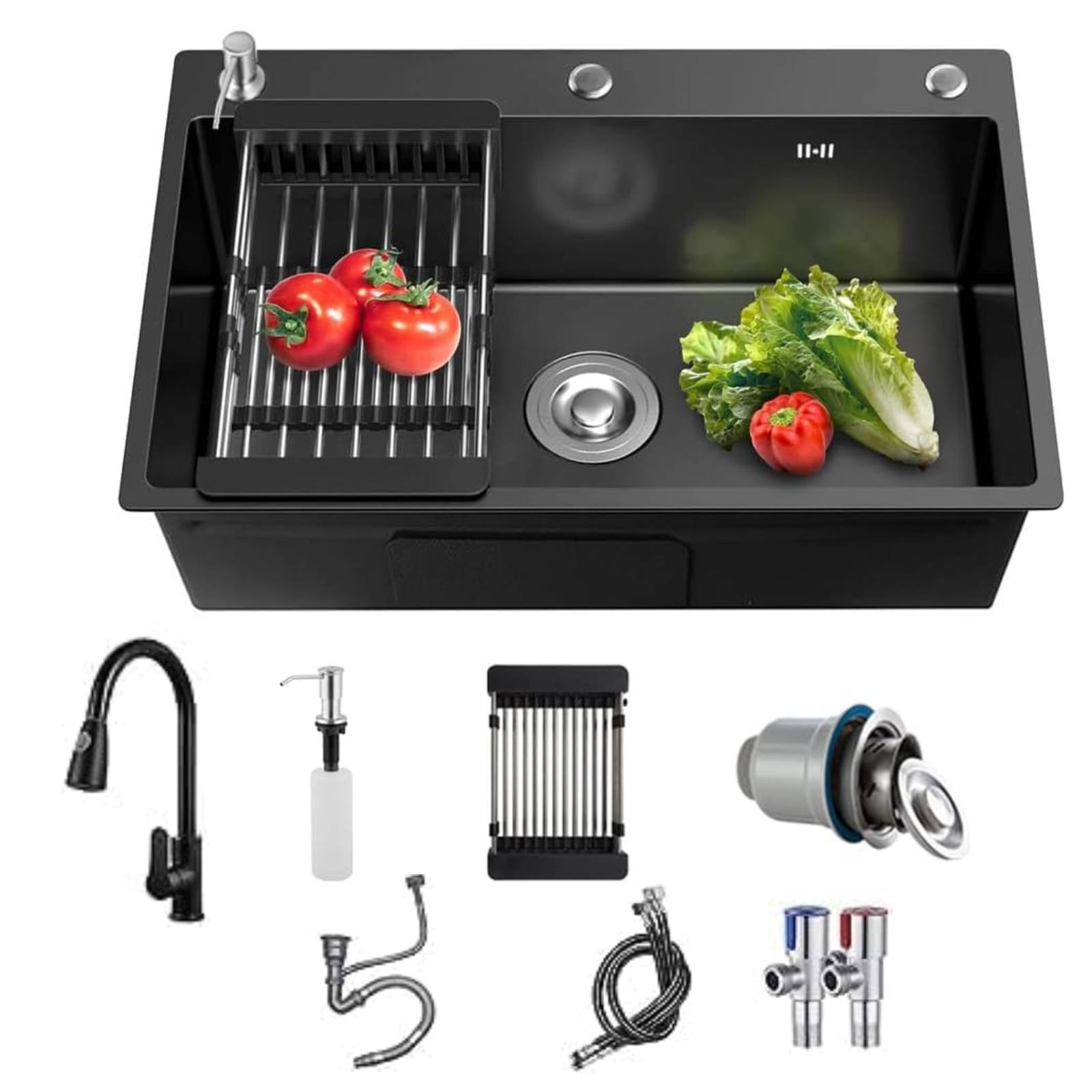 Image of Sink, Black, , 50 X , Kitchen Sink, Stainless Steel, Square, Kitchen Sink With Drainer And Siphon, Sink Kitchen With 3 Tap Holes, 1 Basin Built-in Sink