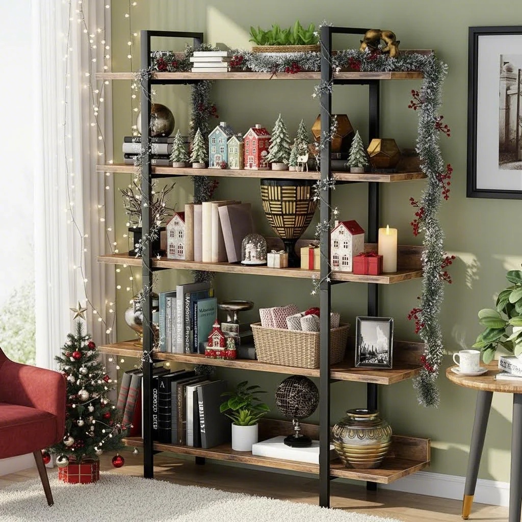 5-tier Industrial Ladder Shelf, Standing Bookshelf With Rustic Brown Open Storage Shelves, Easy Assembly (1pc)
