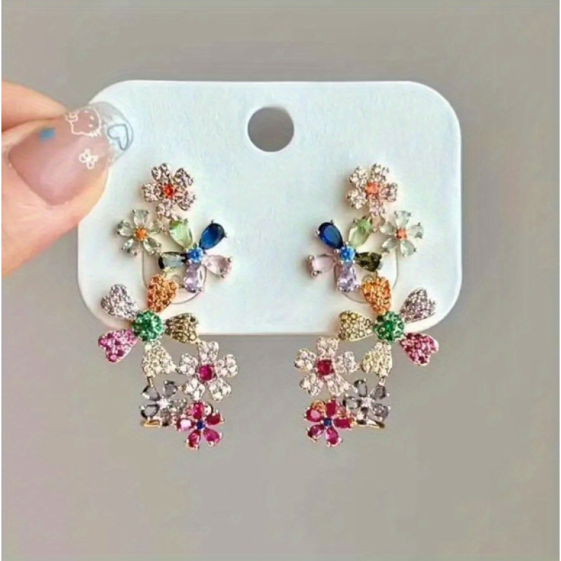 TEMU A Set Of Earrings Featuring Flower Pendants Made Of 18k Gold-plated Colored Synthetic Zirconia, Use And Special Occasions, Making For Unique And