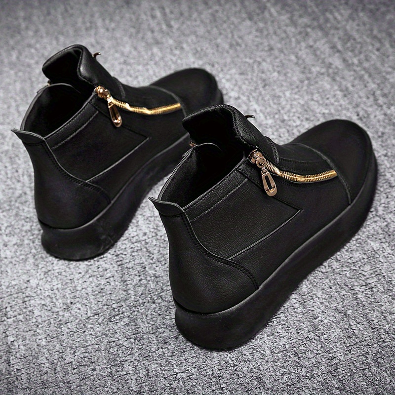 Chaonan British Style Joker High-Top Shoes - Double Zipper Closure, PU Upper & Slip-Resistant Rubber Sole, All-Season Urban Sneakers for Men & Women - Formal & Casual Events (Black), Versatile Footwear, Sleek Design, Durable Construction, Unisex Footwear, Fashion Enthusiasts
