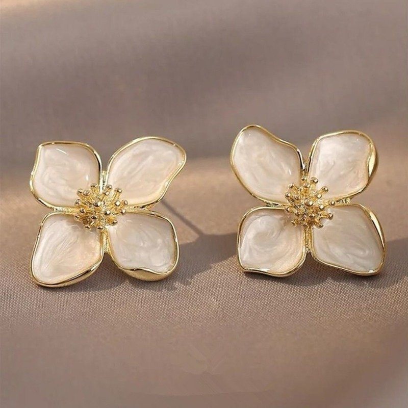 Image of Exquisite Elegant Golden Earrings Inlay White Orange Enamel Flower Stud Earrings For Women Wedding Banquet Party Holiday Earrings Valentine's Day Gift