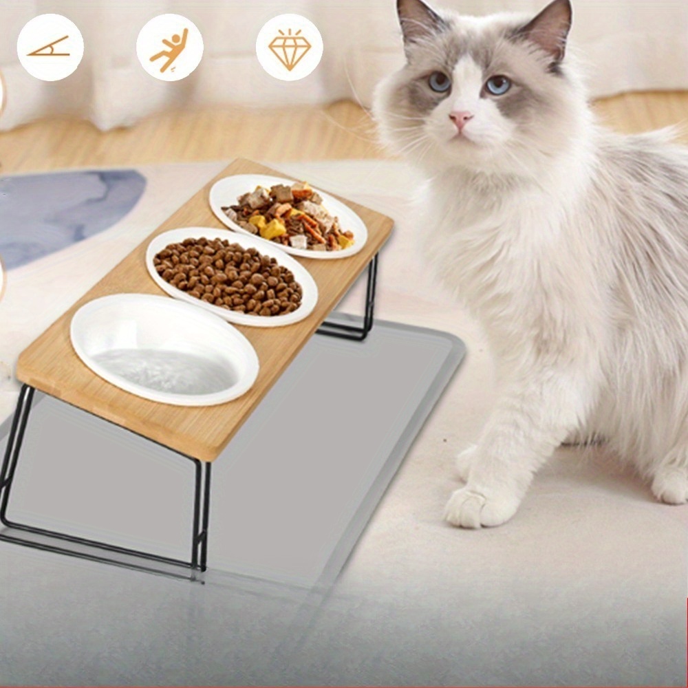Image of Raised Cat Bowl, Set Of 3 Ceramic Feeding Bowls With Bowl Mat, Ergonomic Feeding Station, 15° Tilted Bowl, Feeding Bowl And Water Bowl For Cats And Small Dogs