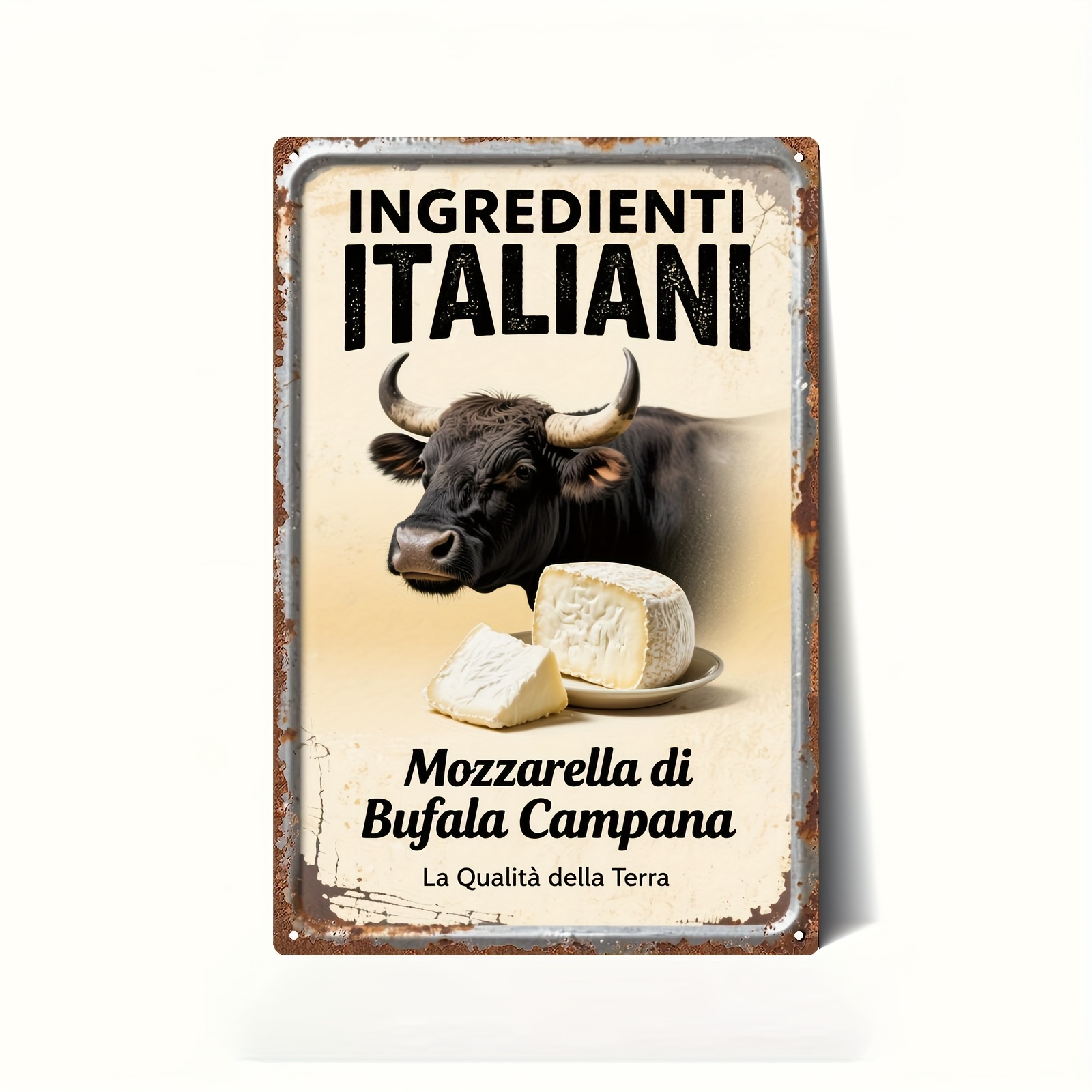 TEMU 2d Flat - 1pc Italian Theme Metal Wall Sign | Vintage Plaque With Buffalo Cheese & Italian Cow (bull) Art, Italian Text 