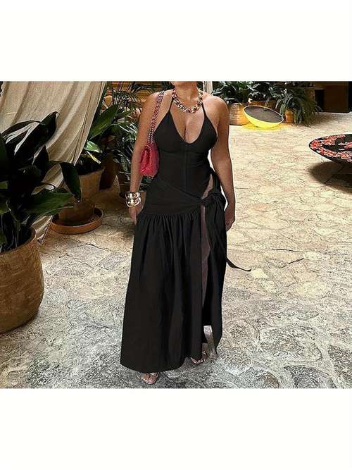 ELLEVEN Women's Two-Piece Outfit - Square Neck Tank Top & High Slit Maxi Skirt Set, Polyester Spandex