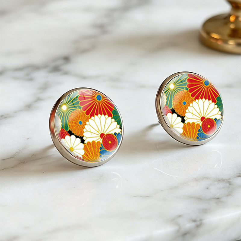 Japanese Floral Pattern Stud Earrings, Fashion Jewelry