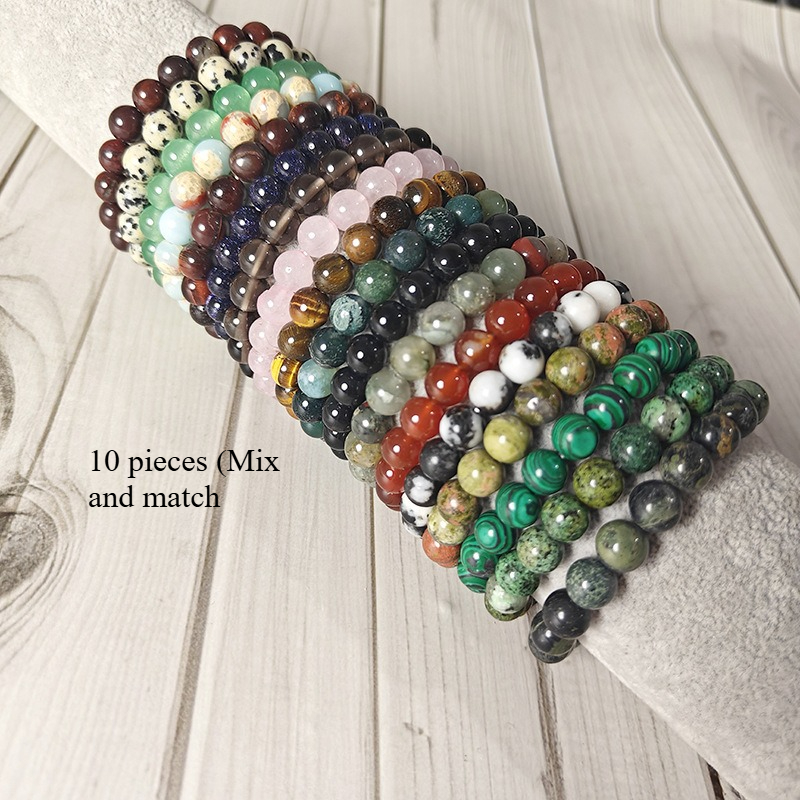 TEMU 10pcs/ 8mm Bohemian- Stone And Glass Mixed Handcrafted Bracelet, Men's And Women's Beaded Elastic Bracelet, Unisex Holiday Gift, Simple And