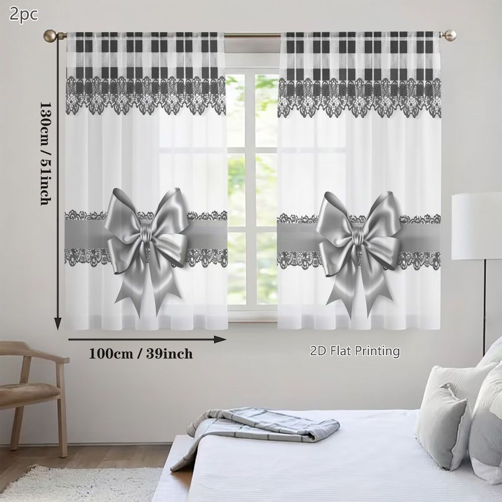 TEMU 2D Flach, 2 Stück Frühlings-Sommer Gardinen, Karomuster mit eleganter Spitze glänzenden Silberband-Akzenten, ideal für Wohnzimmer, Essbereiche,