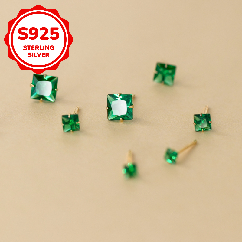 Women's S925 Sterling Silver Mini Green Square Earrings