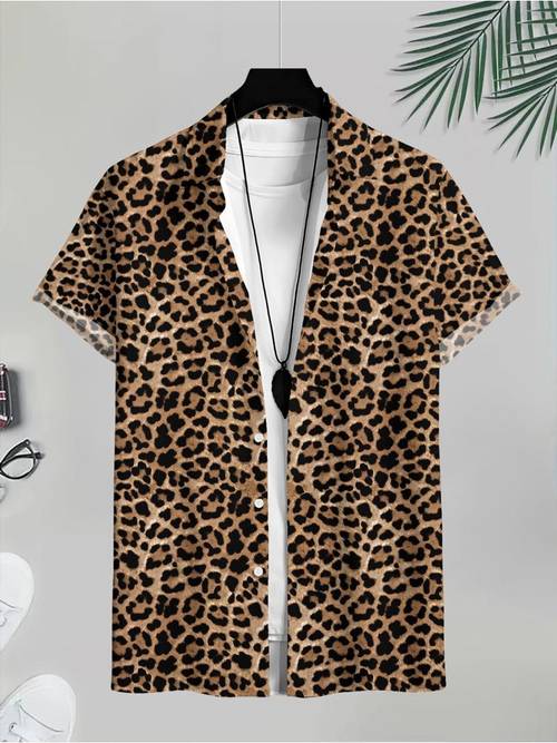 heren casual luipaardprint overhemd met korte mouwen, polyestermateriaal, gemengde , meerdere specificaties beschikbaar, modieus & comfortabel, geschikt voor dagelijks gebruik & buitenactiviteiten, stijlvolle look