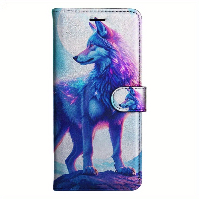 TEMU Neon Wolf Magnetic Flip Wallet Case Featuring A Holder Stand For Models Including 5, 6, 6s, 7, 8, X, Xs, Xr, Se2 2020, Se3 2022, And The 11, 12,
