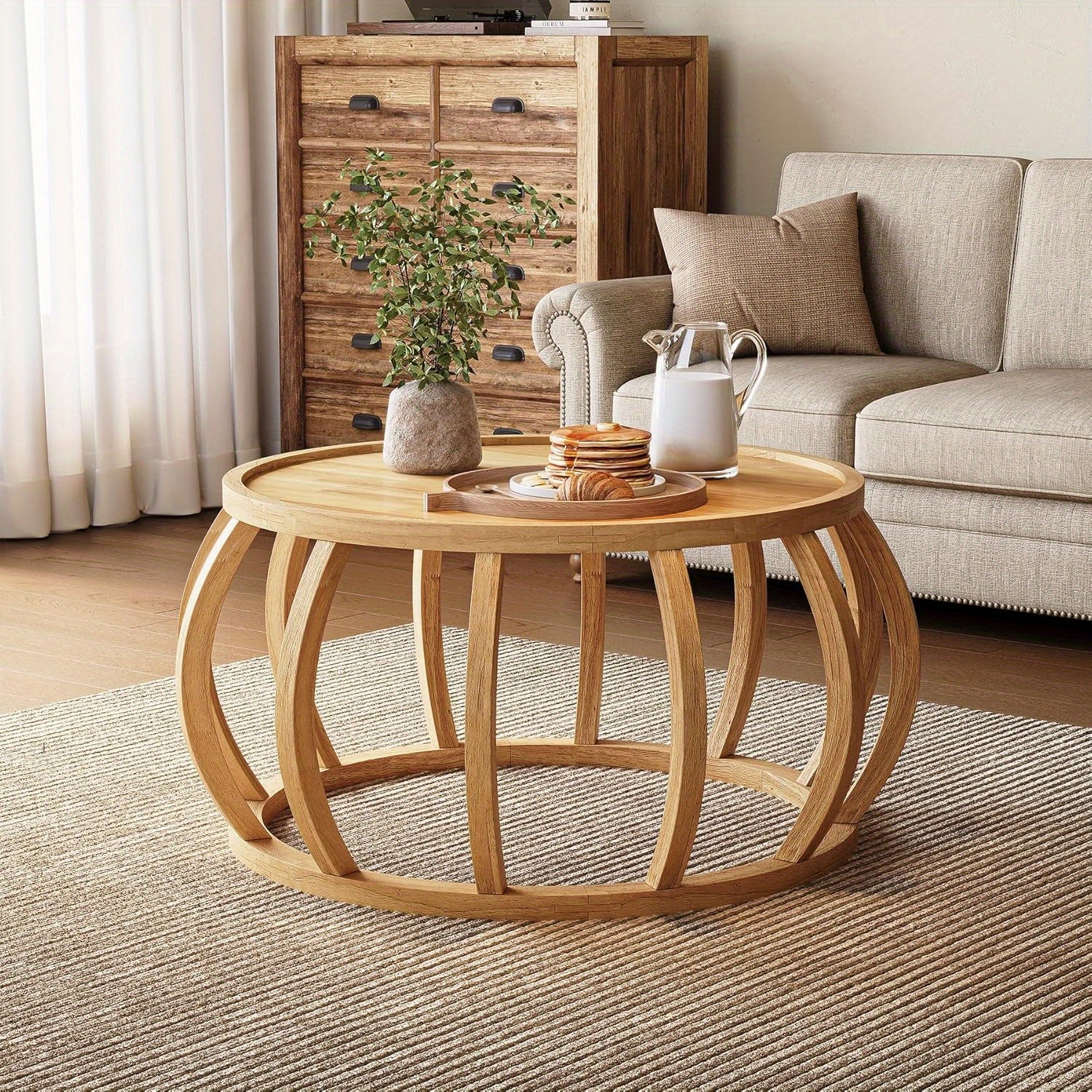 Solid Wood Coffee Table, -inch Round Center Table With Curved For Living Room, Easy Assembly, Natural