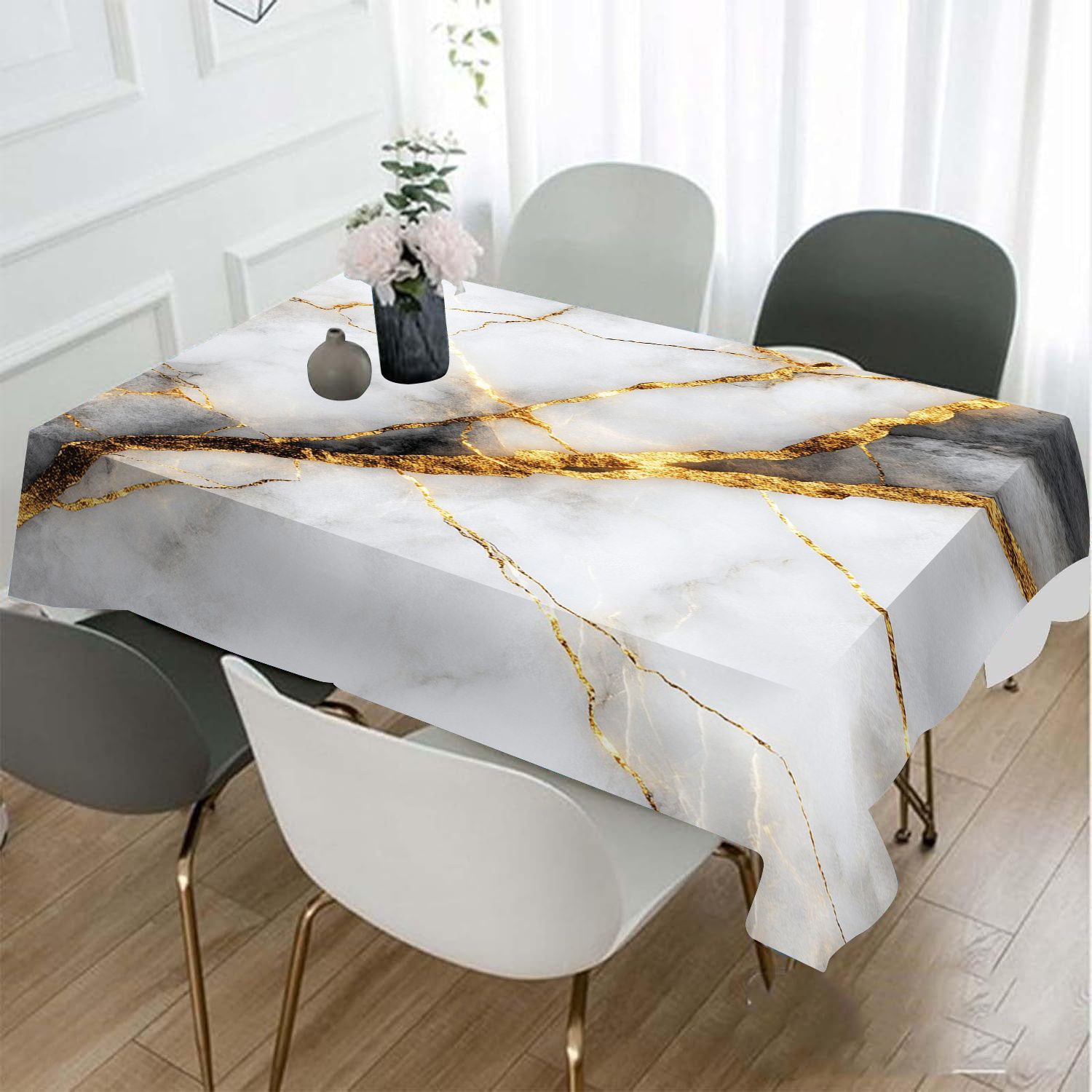 

Nappe Élégante en Marbre Blanc & Doré - Rectangulaire, Housse en Polyester Anti-Poussière pour Fêtes à , Salon et Tables Basses, , Nappe de Table à Manger