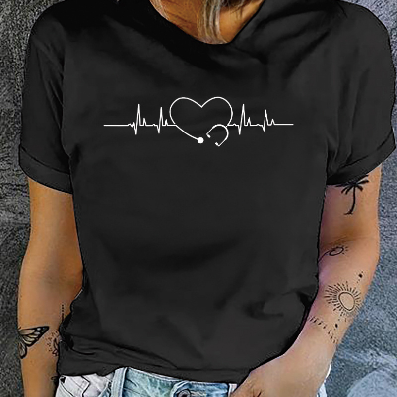 

Women's Casual Crew Neck T-shirt With Heartbeat Graphic, Polyester And Spandex , Short Sleeve, Regular Fit, Geometric Pattern Top For Spring/summer/fall