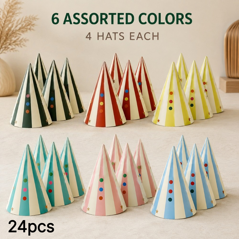 TEMU 24pcs Striped Party Paper Hats - Easy To Assemble, 6 Colors, Birthday Party Favors, Photo Booth Props, Birthday Party Decorations, Suitable For