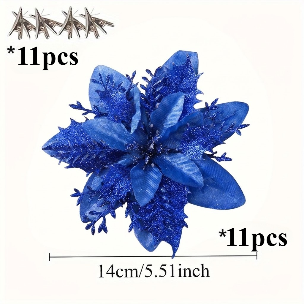 TEMU 22pcs de houx artificielles bleues à paillettes avec feuilles - Style réaliste, convient pour la décoration de sapin de Noël, les couronnes, les